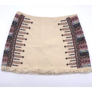 Zara Trafaluc Cream Embroidered Fringe Mini Skirt Womens Large Boho Geometric